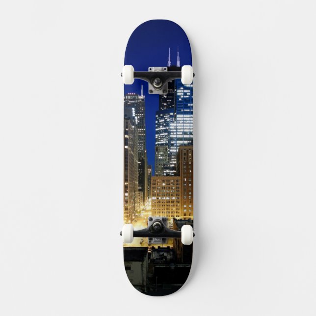 Skateboard Opinión de la noche del paisaje urbano de Chicago (Anverso)