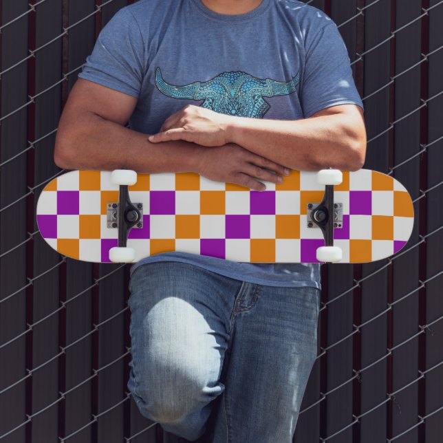 Skateboard Orange White Purple Checkered Pattern Design  (Exterior 3)