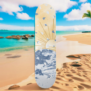 Skateboard Oro Azul Dorado Asiático Sunset Sun & Sea Waves