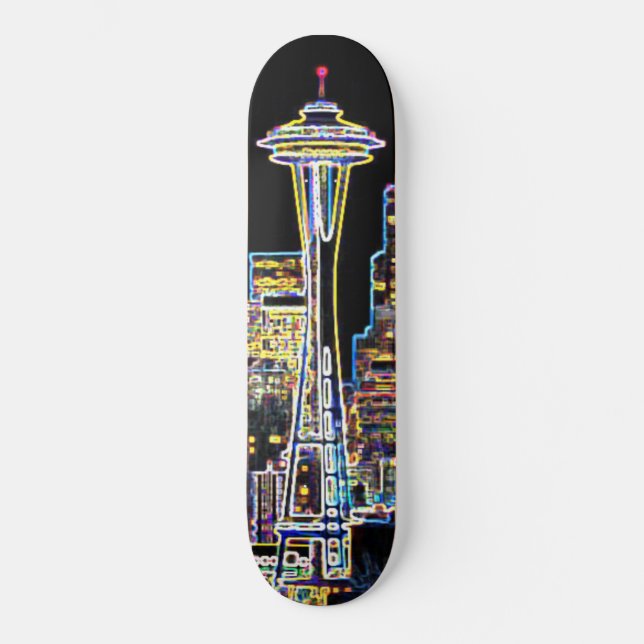 Skateboard Oscuro sea la noche - Luminoso Skyline Seattle (Anverso)