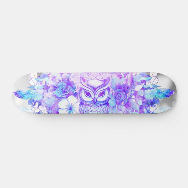 Skateboard Owl Totem Dreamcatcher Floral Feather Púrpura Gris (Horz)