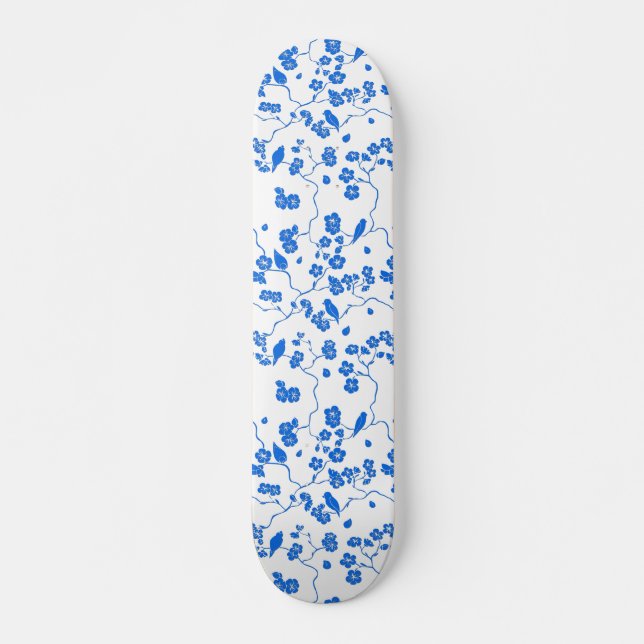 Skateboard Pájaros con flores de cerezo impresión azul (Anverso )