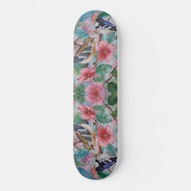 Skateboard Pájaros Parejas Flores Flores Patinaje - Pintura (Anverso)