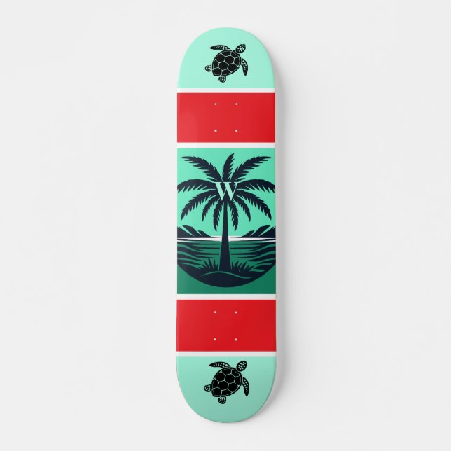 Skateboard Palm Tree Turtle Silhouette Red Green Initial (Anverso )