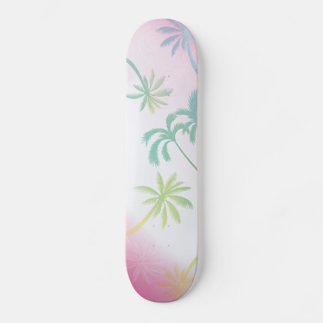 Skateboard Palmeras blancas rosas con patines tropicales (Anverso)