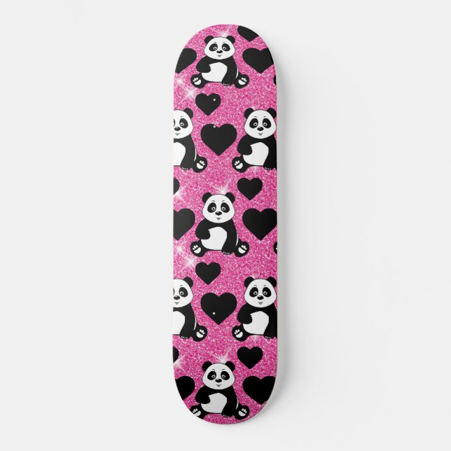 Skateboard Panda Bear Animal Lover Black Hearts Purpurina Ros (Anverso)