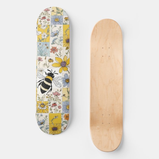 Skateboard Parche floral de color amarillo y azul (Anverso)