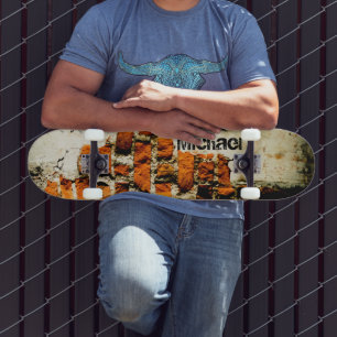 Skateboard Pared de ladrillo naranja Blanco grafiti Nombre pe