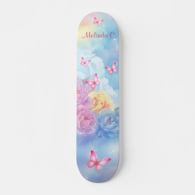 Skateboard Pastel Florals y Mariposas Rosadas Nubes Arcoiris (Anverso )