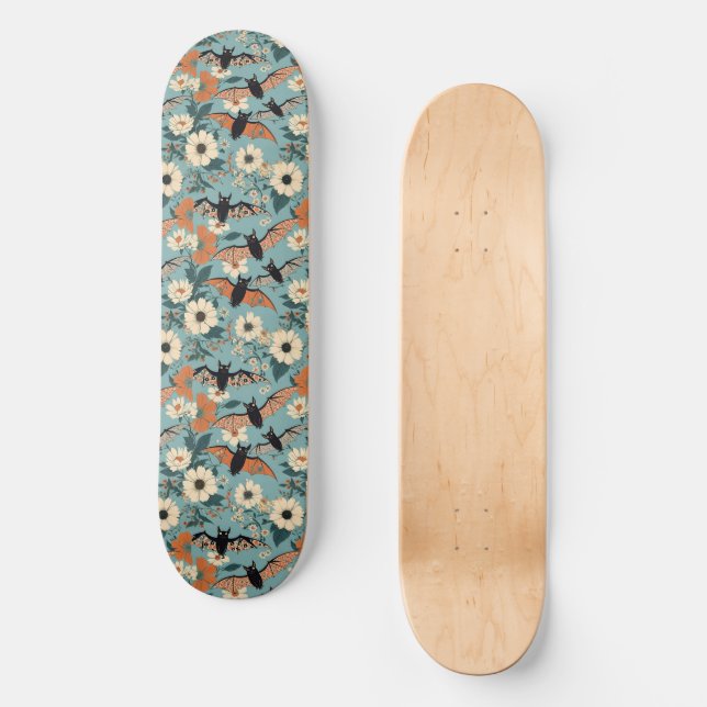 Skateboard Patchwork floral Halloween Bats & Flowers (Anverso)