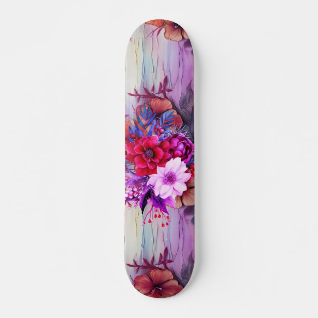 Skateboard Patinaje sobre patrones de flores silvestres color (Anverso )