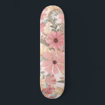 Skateboard Patrón acuarela de hojas de color verde rosado<br><div class="desc">Este elegante y femenino diseño es perfecto para una mujer de diseño. Tiene una acuarela pintada a mano color rosa, rosa medio, marrón castaño, amarillo dorado, flores verdes del bosque y hojas encima de un fondo rosa rubor. Es campo, bonito, lindo, único, artístico y moderno; el complemento perfecto para tu...</div>