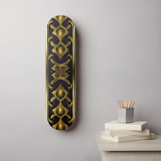 Skateboard Patrón Art Deco elegante en negro y oro (Arte de la pared)