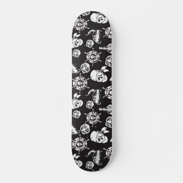 Skateboard Patrón blanco negro de cráneos piratas (Anverso )