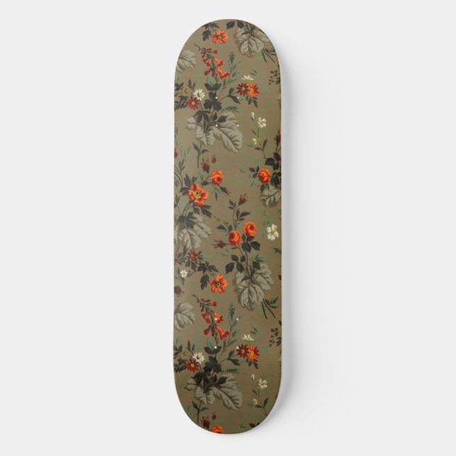 Skateboard Patrón Botánico de Rosa Naranja Floral Oscuro Vint (Anverso)