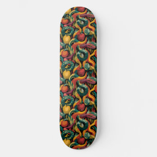 Skateboard Patrón continuo vibrante con serpientes y manzanas