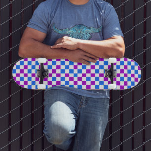Skateboard Patrón Cuadriculado Azul Morado Y Blanco