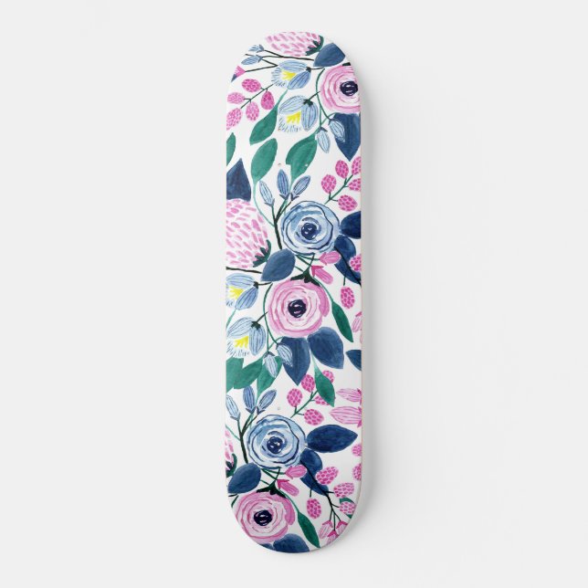 Skateboard Patrón de acuarela de las flores de la marina rosa (Anverso)