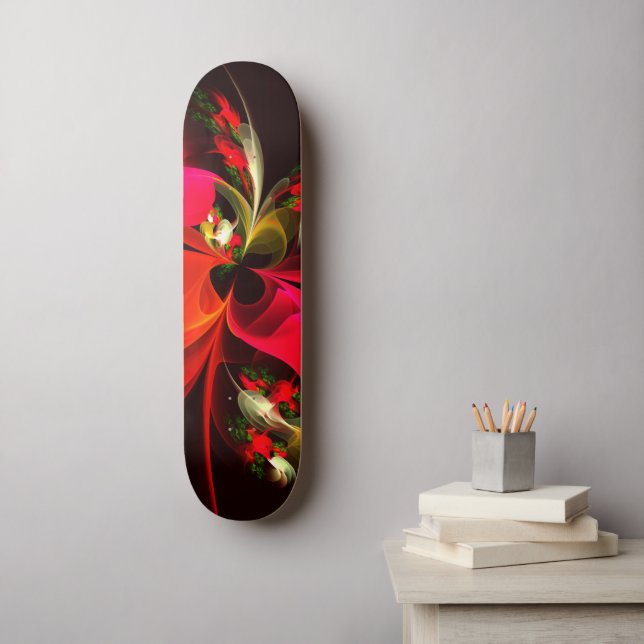 Skateboard Patrón de arte abstracto rojo verde floral moderno (Arte de la pared)