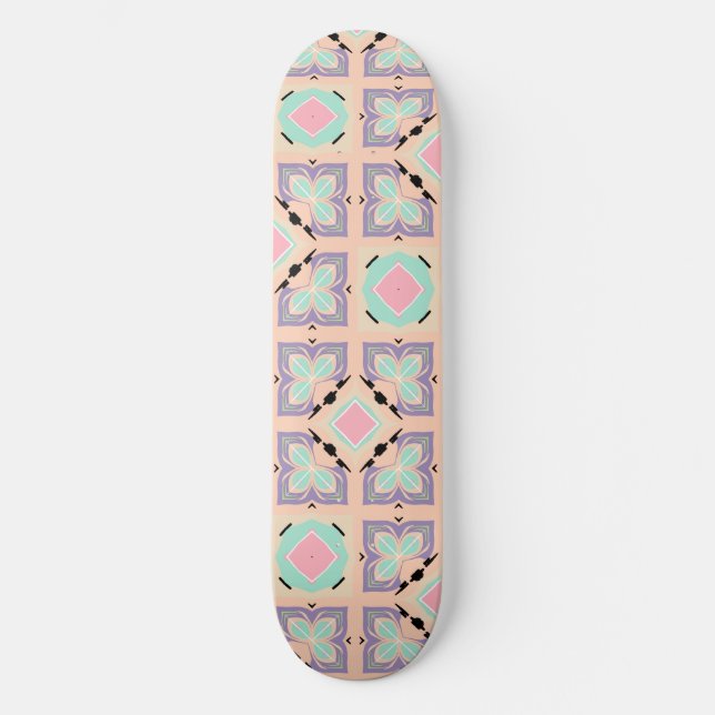 Skateboard Patrón de baldosas geométricas pastel | Rosa menta (Anverso)