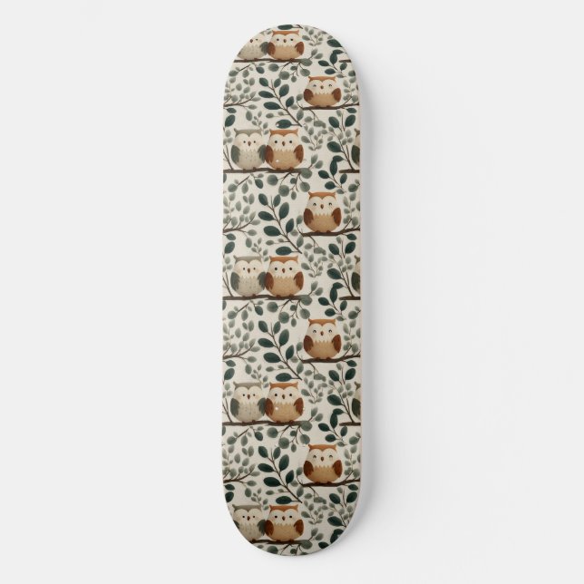 Skateboard Patrón de búho y hoja de bosque (Anverso)