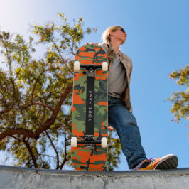 Skateboard Patrón de camuflaje naranja, tu nombre, personaliz