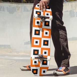 Skateboard Patrón de Cuadrados a Cuadros Naranja Negro Blanco