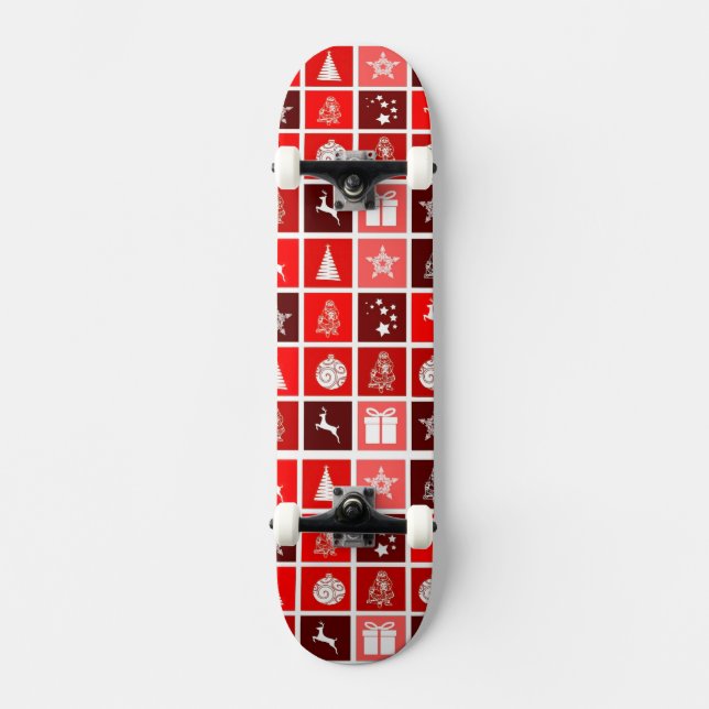 Skateboard Patrón de cuadrícula navideña roja moderna minimal (Anverso)