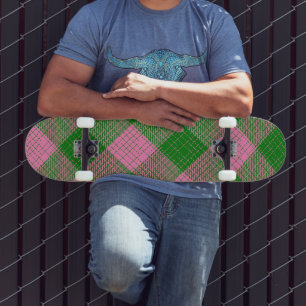 Skateboard Patrón de cuadros cruzados rosa y verde