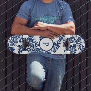Skateboard Patrón de Damasco Azul de la Marina clásica