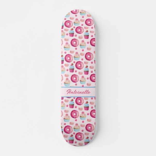 Skateboard Patrón de donut rosado (Anverso )