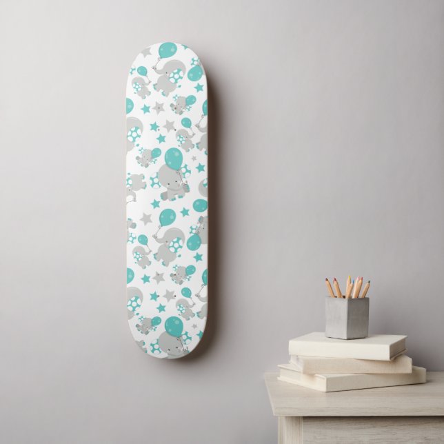 Skateboard Patrón de Elefantes, Elefantes Cutos - Gris Azul (Arte de la pared)