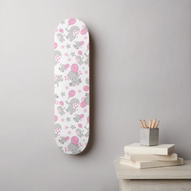Skateboard Patrón de Elefantes, Elefantes Cutos - Gris Rosa (Arte de la pared)
