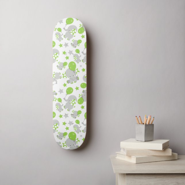 Skateboard Patrón de Elefantes, Elefantes Cutos - Gris Verde (Arte de la pared)