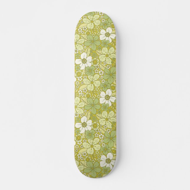 Skateboard Patrón de flor verde y amarillo pastel (Anverso )
