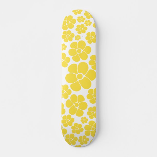 Skateboard Patrón de flores - Amarillo limón y blanco (Anverso )