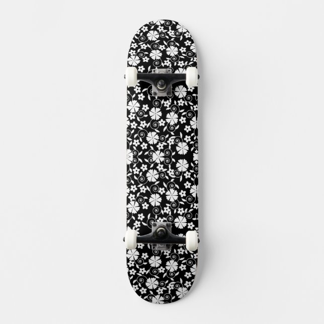 Skateboard Patrón de flores blancas negras lindas para iPhone (Anverso)