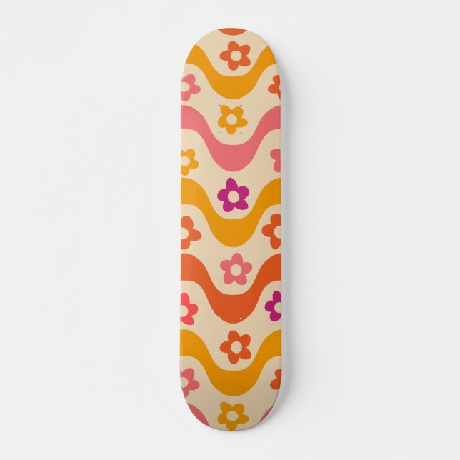 Skateboard Patrón de flores de Groovy cutáneo en ondas retro (Anverso )