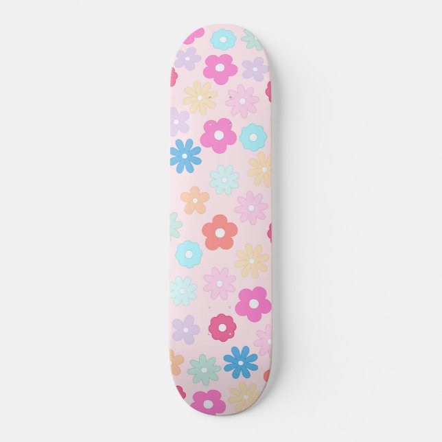 Skateboard Patrón de flores de margarita rosada boho (Anverso)
