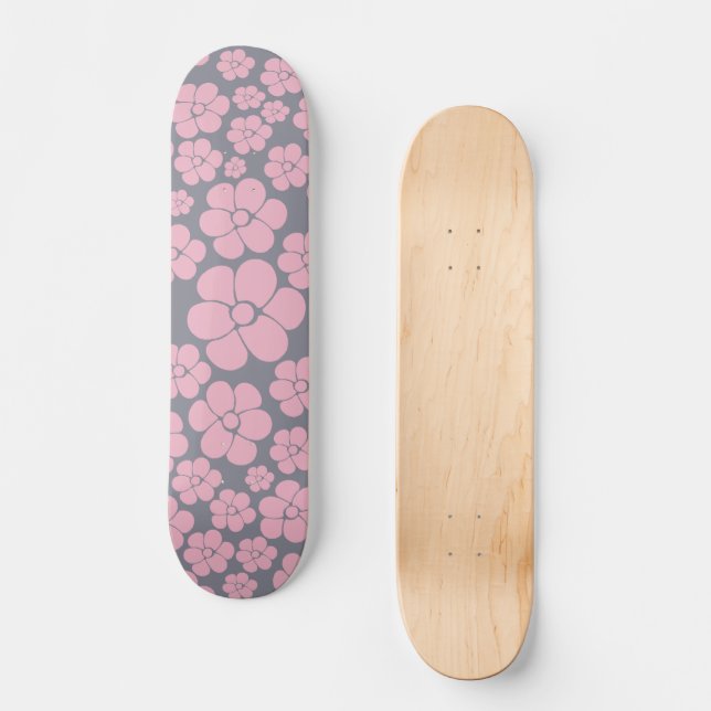 Skateboard Patrón de flores en gris y rosa (Anverso)