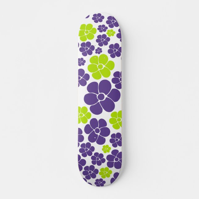 Skateboard Patrón de flores en verde limón y púrpura (Anverso )