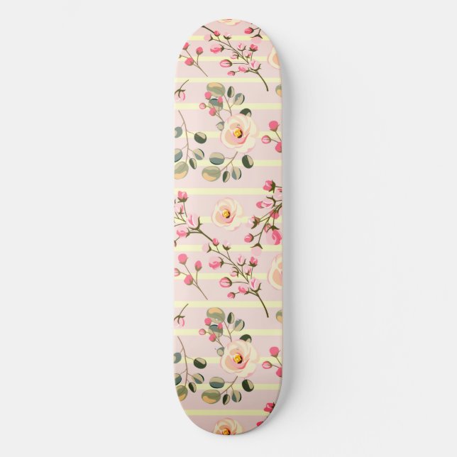 Skateboard Patrón de franja floral rosa suave (Anverso)
