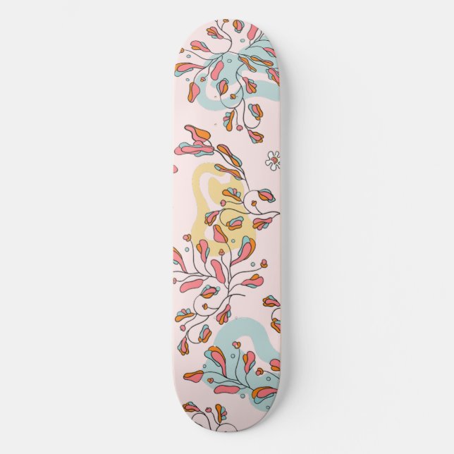 Skateboard Patrón de gato oculto brillante, floral, base rosa (Anverso)