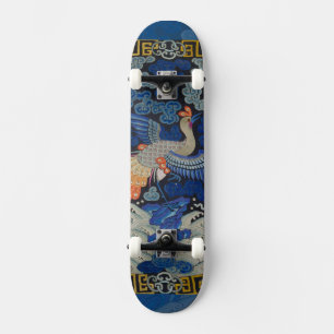 Skateboard Patrón de grulla china vintage: azul imperial