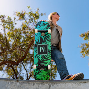 Skateboard Patrón de hoja ombre de turquesa verde monograma g