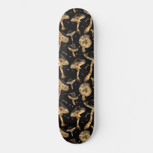 Skateboard Patrón de hongos y setas negro y dorado