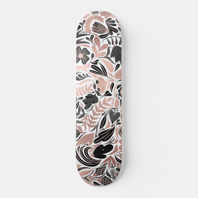Skateboard Patrón de Ilustracion de hojas de flores negras Ro (Anverso)