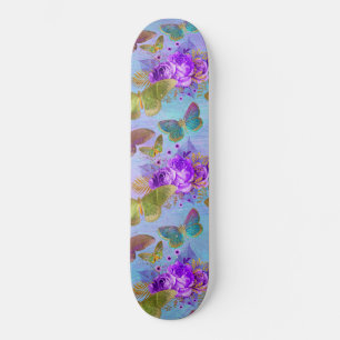 Skateboard Patrón de jardín de rosas púrpura mariposa verde