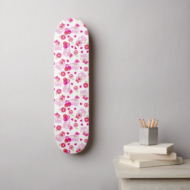 Skateboard Patrón De Lechuzas, Lechuzas Cutas, Lechuzas Rosad (Arte de la pared)