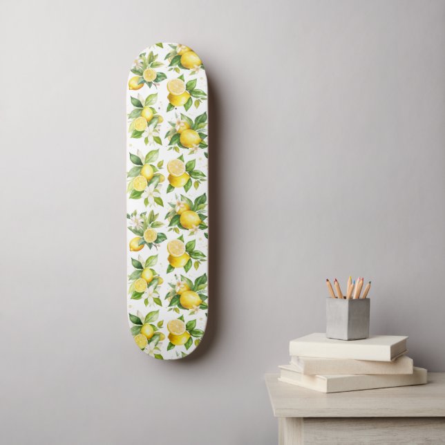 Skateboard Patrón de limón, flores de limón, hojas, cítricos (Arte de la pared)
